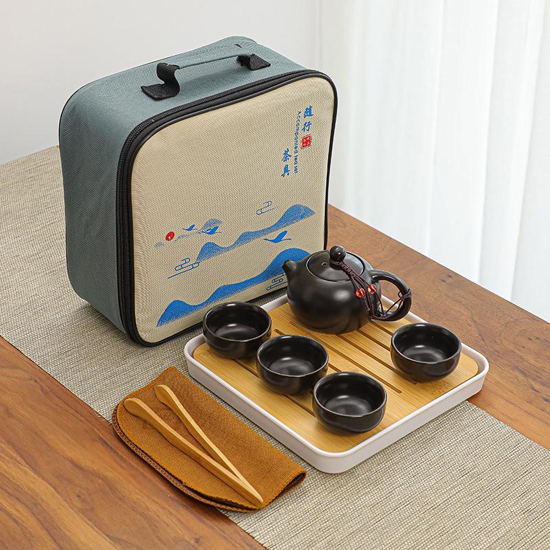 Travel Kung Fu tea set, simple Tianmu glaze brushed sand gold glaze drip pot, real estate business meeting souvenir