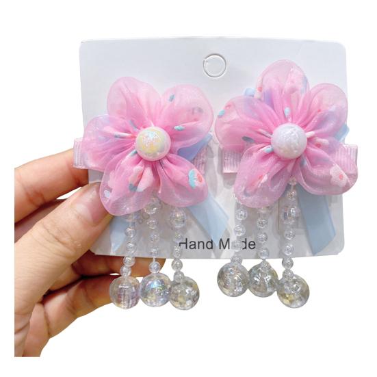 Hairpin Gradient Organza Flowers Bowknot Imitation Pearl Decor with Beaded Tassel Hair Clip