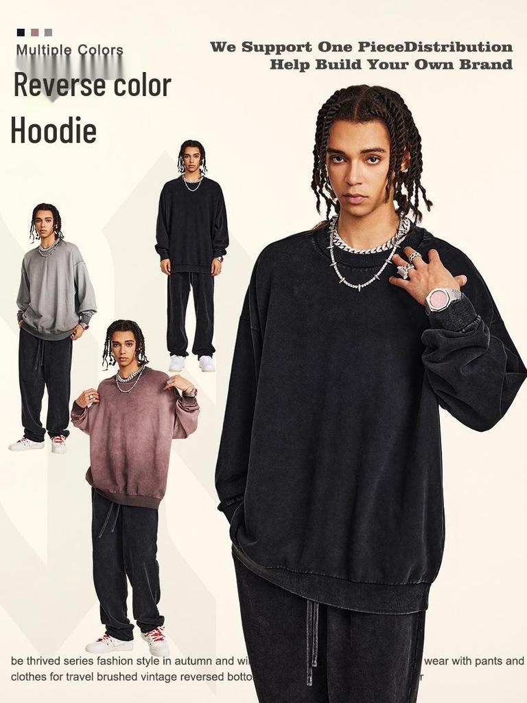 BE Men's Fashion | 2025 Autumn Oversized Round Neck Sweatshirt - European & American Trend, High-Quality, Basic Style, Washed Loose Fit