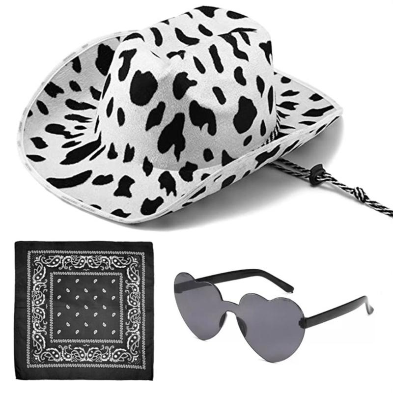 

Western Styles Cowgirl Hat Set for Adult Cow Print Cowboy Hat Bandana Sunglasses Fits Most Women Men for Theme Party чорний
