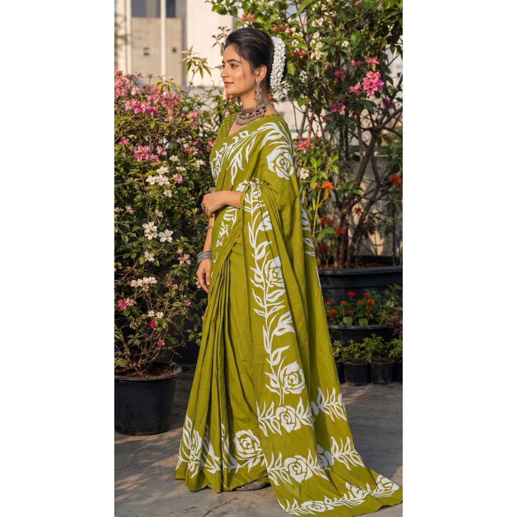 New Launch – Premium Hand Block Floral Print Mulmul Cotton Saree