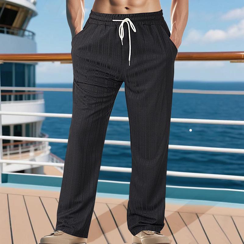 Men's Breathable Imitation Hemp Small Square Beach Trousers Loose Casual Sports Straight Leg Pants