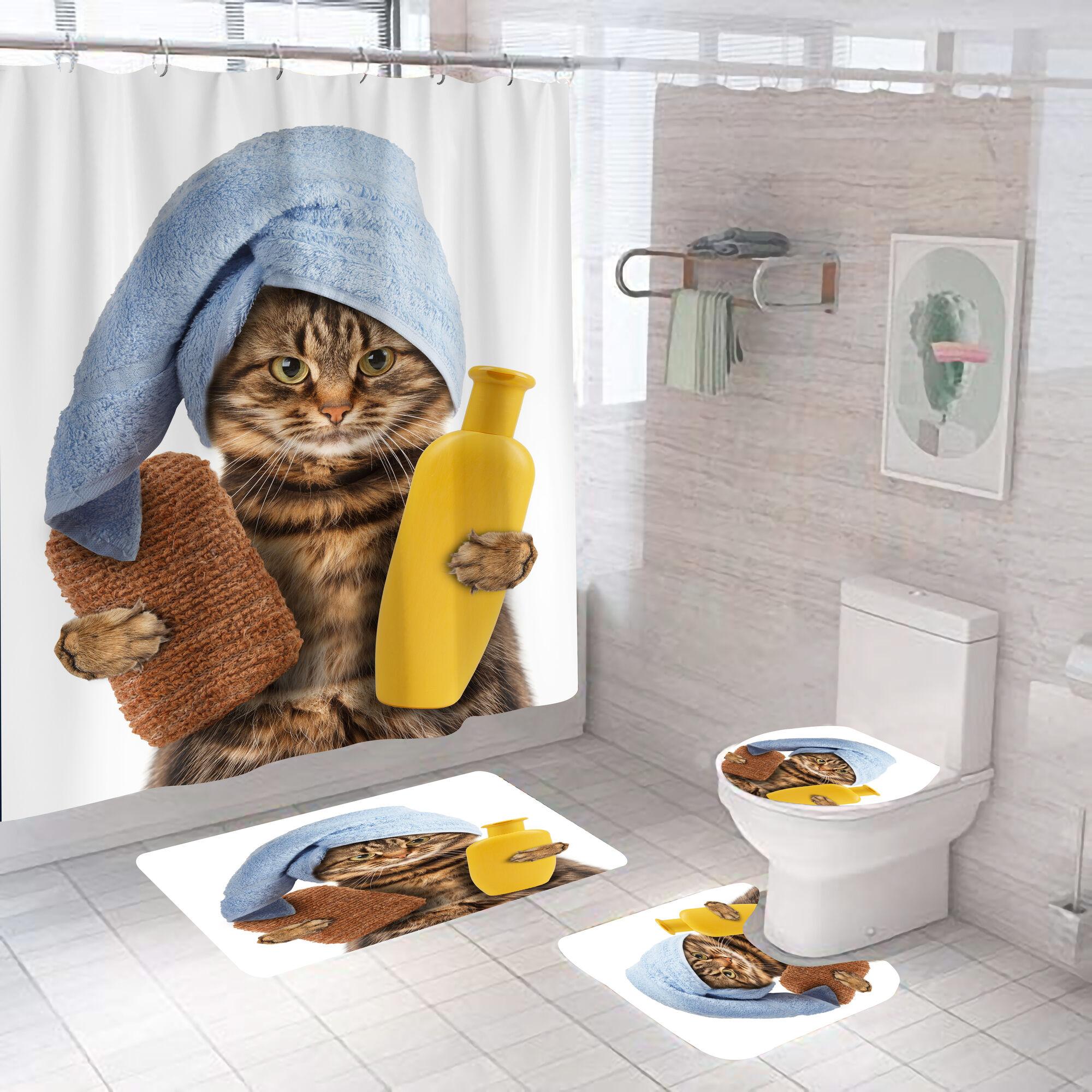 

Cartoon Cat Shower Curtain Set Animal Black Waterproof Bath Toilet Lid Seat Cover Bath Non-Slip Mat Rug Bathroom Decot Cover 1pc90x180curtain