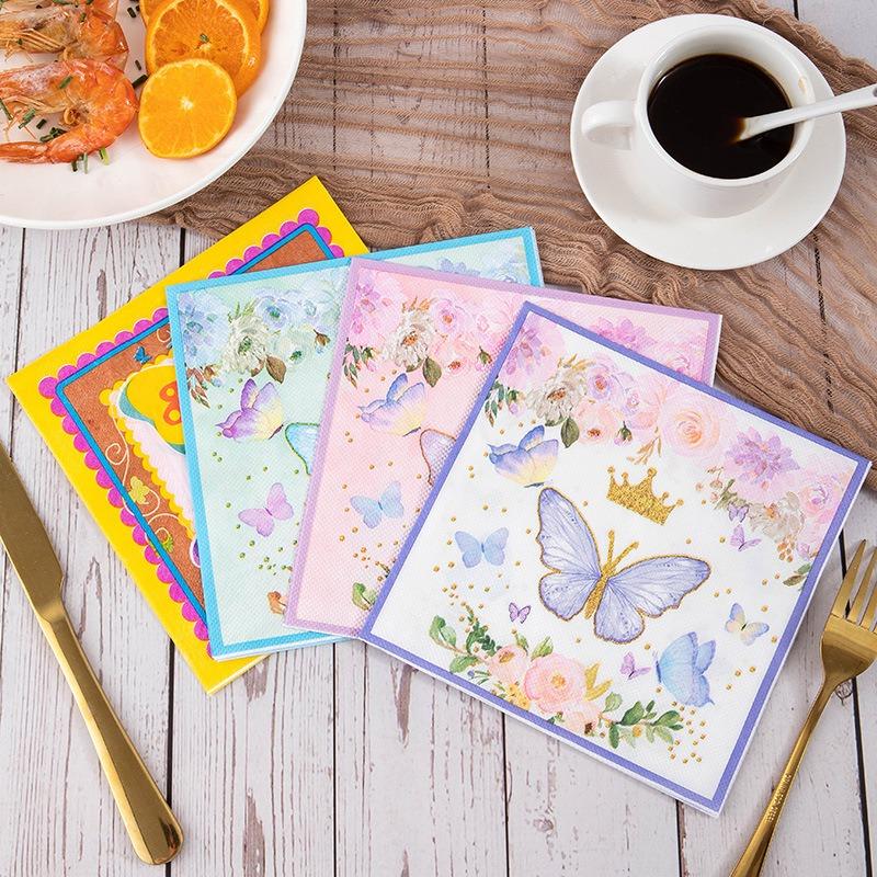 20pcs/lot Cute Pink Rose Flower Paper Napkins Flying Butterfly Theme Cocktail Wedding Birthday Party 2-Ply Square Dinner Napkins