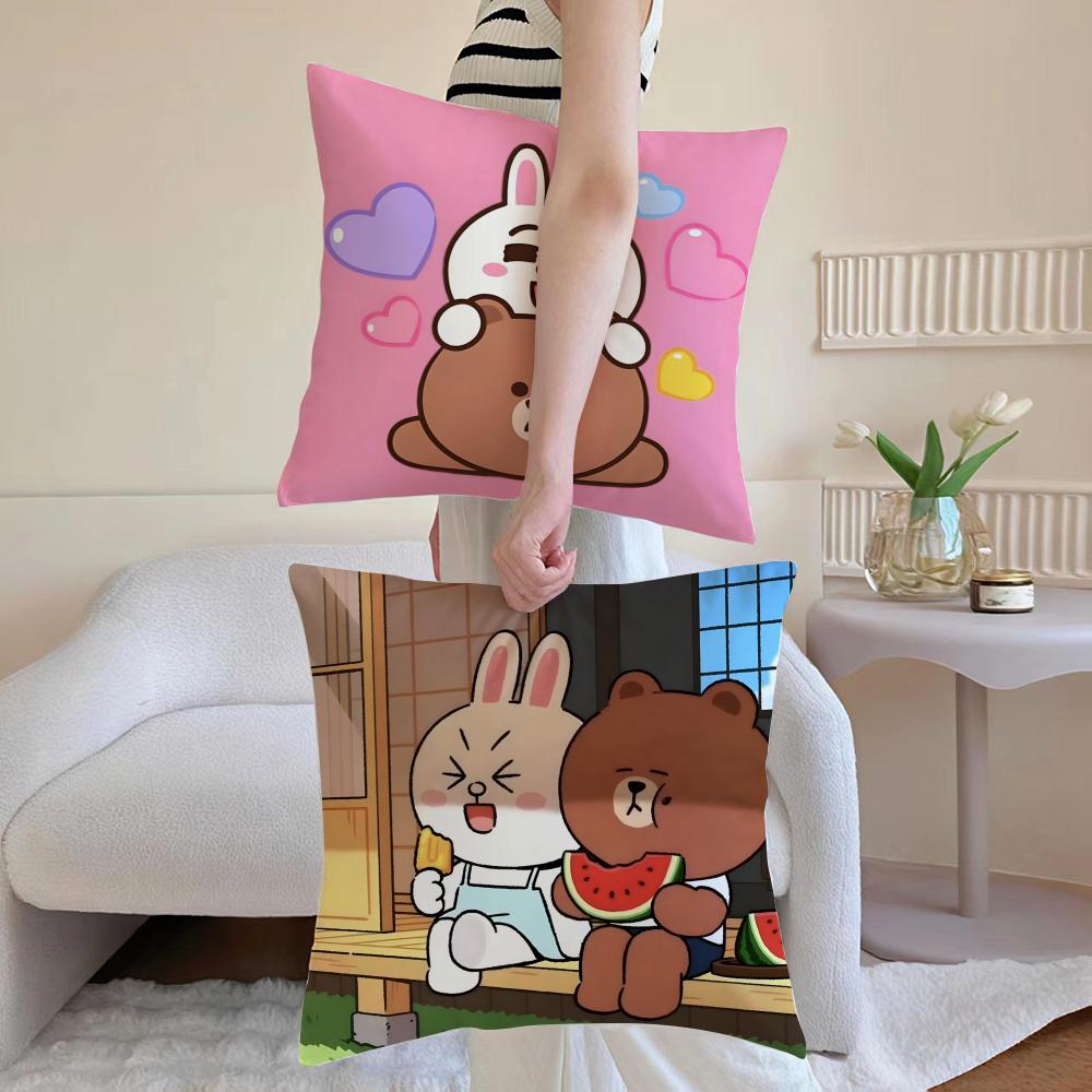 Cute Korean L-Line Friends Brown Bear And Cony Cushion Cover Pillowcase Short Plush Invisible Zipper Room Sofa Cushion Cover