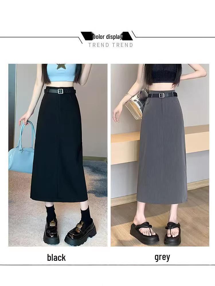 Women's High-Sense Black Slim-Fit A-Line Midi Skirt with Slit