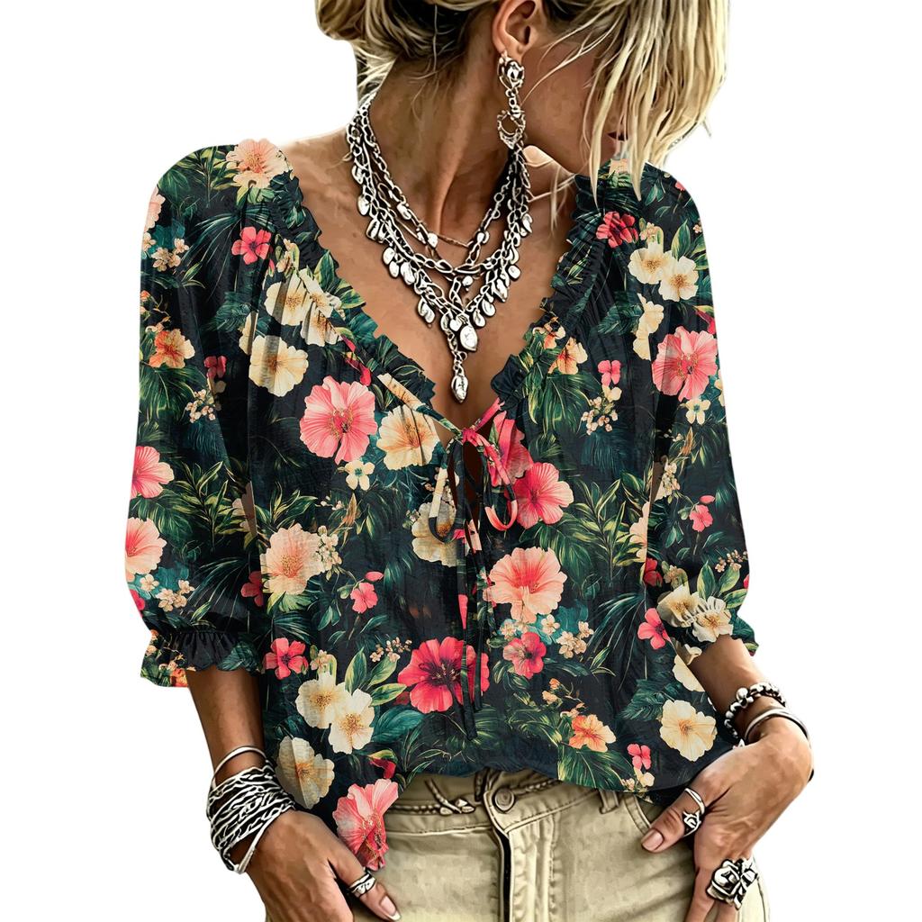 Women's Casual V-Neck Printed Tie Ruffle Blouse for Everyday Wear
