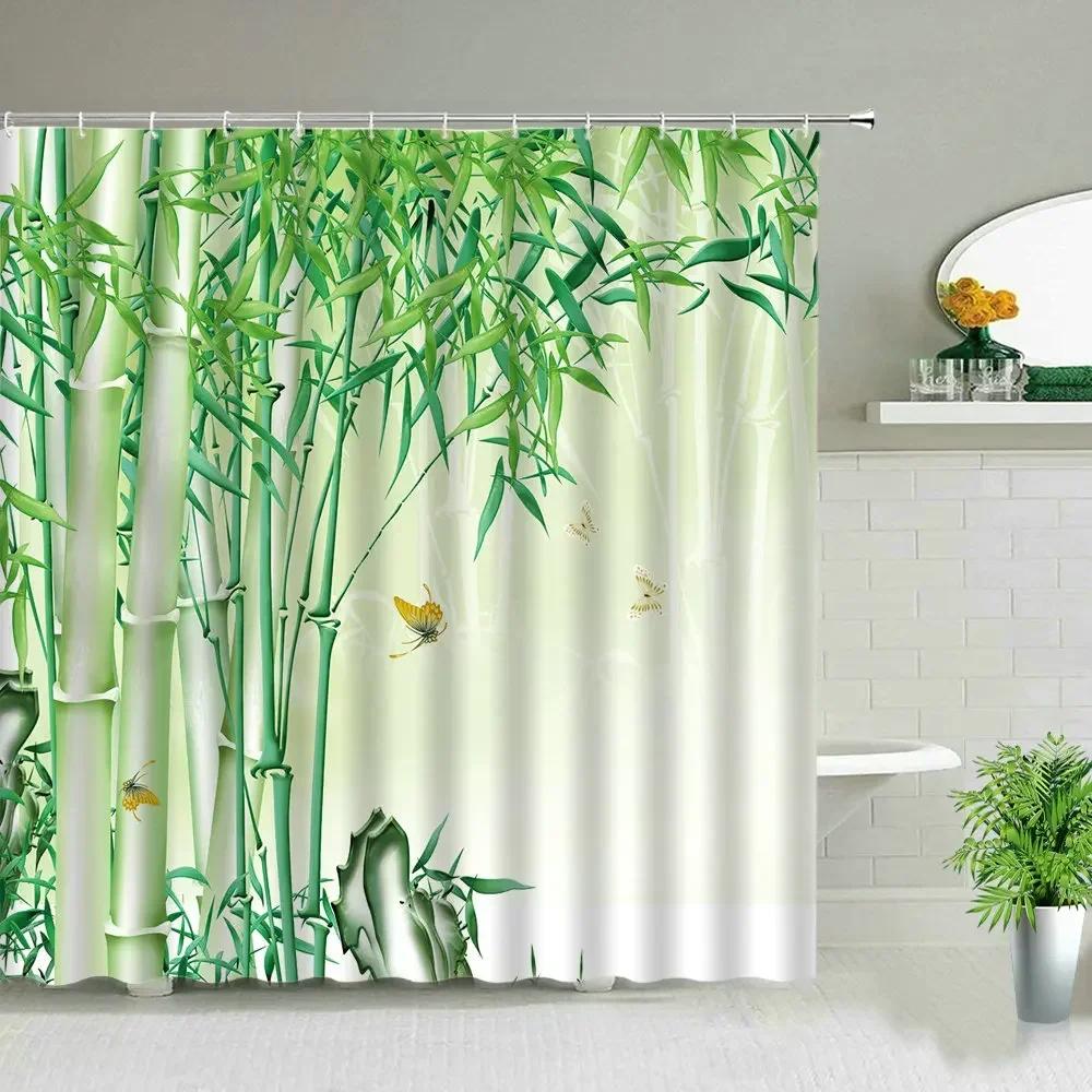 Chinese Style Ink painting Bamboo Landscape Shower Curtain Flower Bird Scenery Bathroom Waterproof Cloth Bath Curtains With Hook