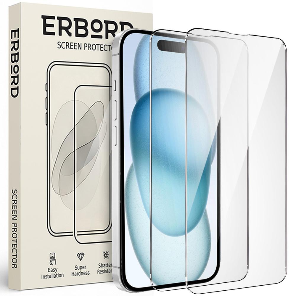 2x Tempered Glass for iPhone 15, ERBORD 9H Hard Glass, glass