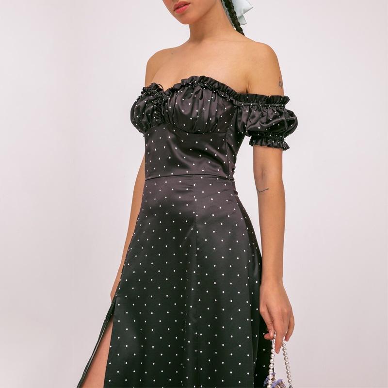 

Summer Floral Off Shoulder Puff Sleeve Maxi Dress for Woman Robe Sexy Lace Up Side Split Chic Mid-Calf Aesthetic Dress XS