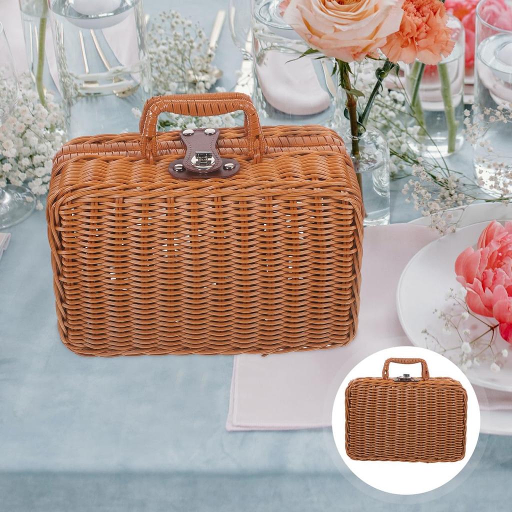 YARNOW Imitation Rattan Suitcase Rattan Picnic Wicker Picnic Basket Storage Basket with Lid Woven Basket with Lid Hand Decor Make Up Clothes