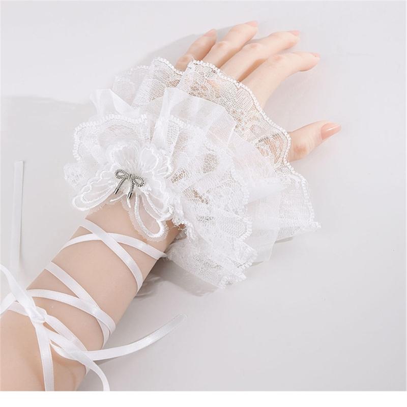 Lolitas Lace Gloves Layer Ruffle Hand Sleeves Elastic Bracelet for Halloween,Wedding,Party,Masquerade,Nightclub