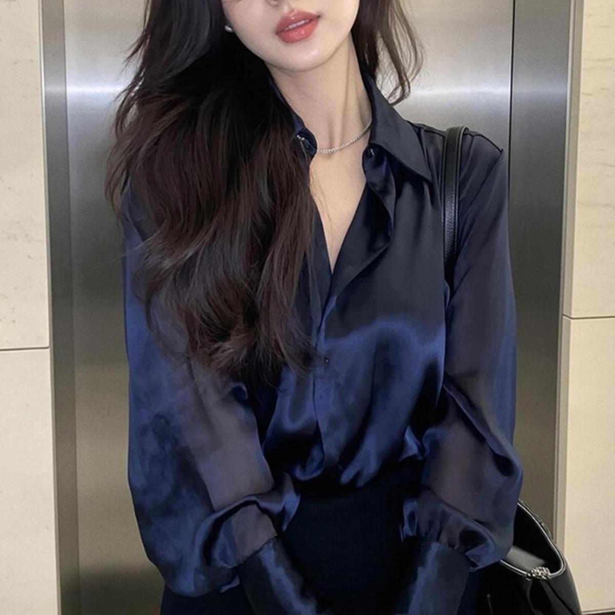 

Изысканная синяя женская рубашка-поло с длинным рукавом - Стильная, универсальная и стройнящая для весны/осени 2XL