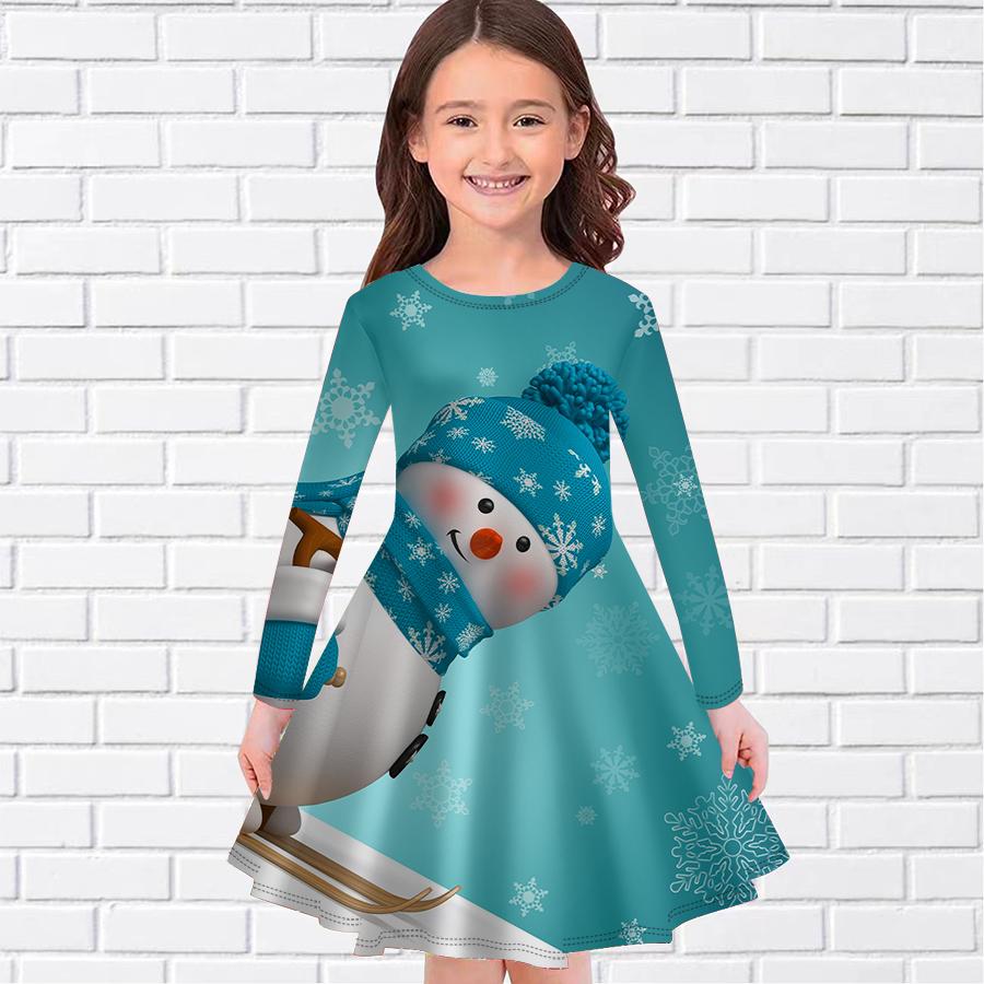 

Повседневное платье для девочек с круглым вырезом и длинными рукавами и принтом улыбающегося снеговика, детское платье принцессы 180 светло-синий