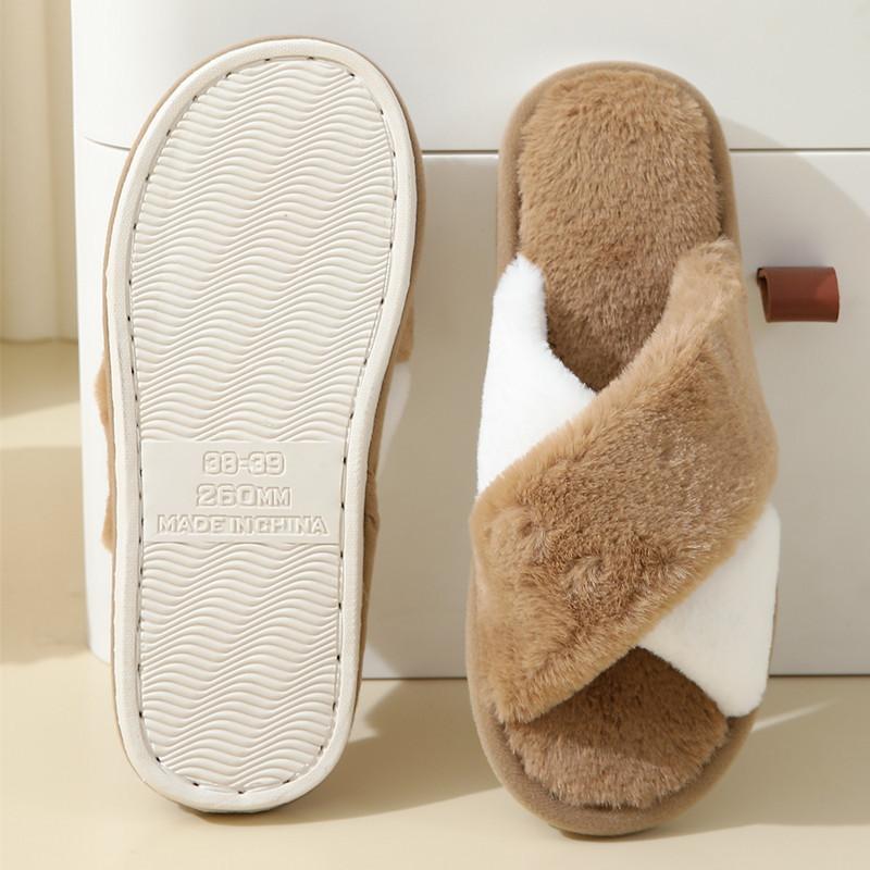 Winter Indoor Cross Striped Contrasting Cotton Slippers Fashionable and Warm Plush Cotton Slippers
