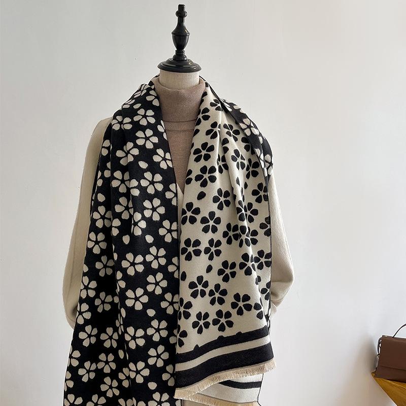 Scarf Women'S Korean Version Flower Thickened Warm Scarf Long Fashion Versatile Dual-Use Student Shawl