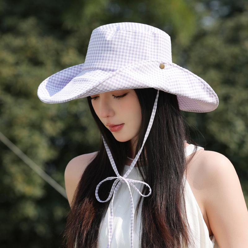 Sombrero de Pescador Plegable Versátil con Correa para el Sol, Sombrero a Cuadros Coreano con Visera Grande para Mujer, Verano, Exterior, Viajes, Protección Solar