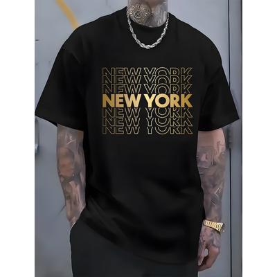 T-shirt Casual Masculina Gola Redonda Tamanhos Europeus com Estampa "NEW YORK", Leve Respirável, Levemente Elástica, Manga Curta