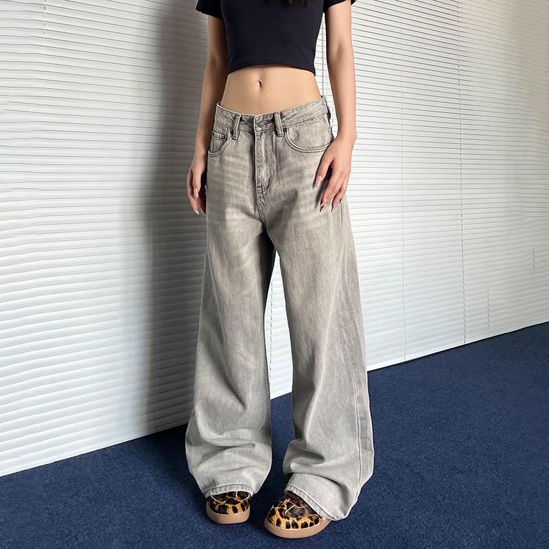 

Осень 2024 Женские ретро джинсы с высокой посадкой и широкими штанинами XL серый/древесный уголь