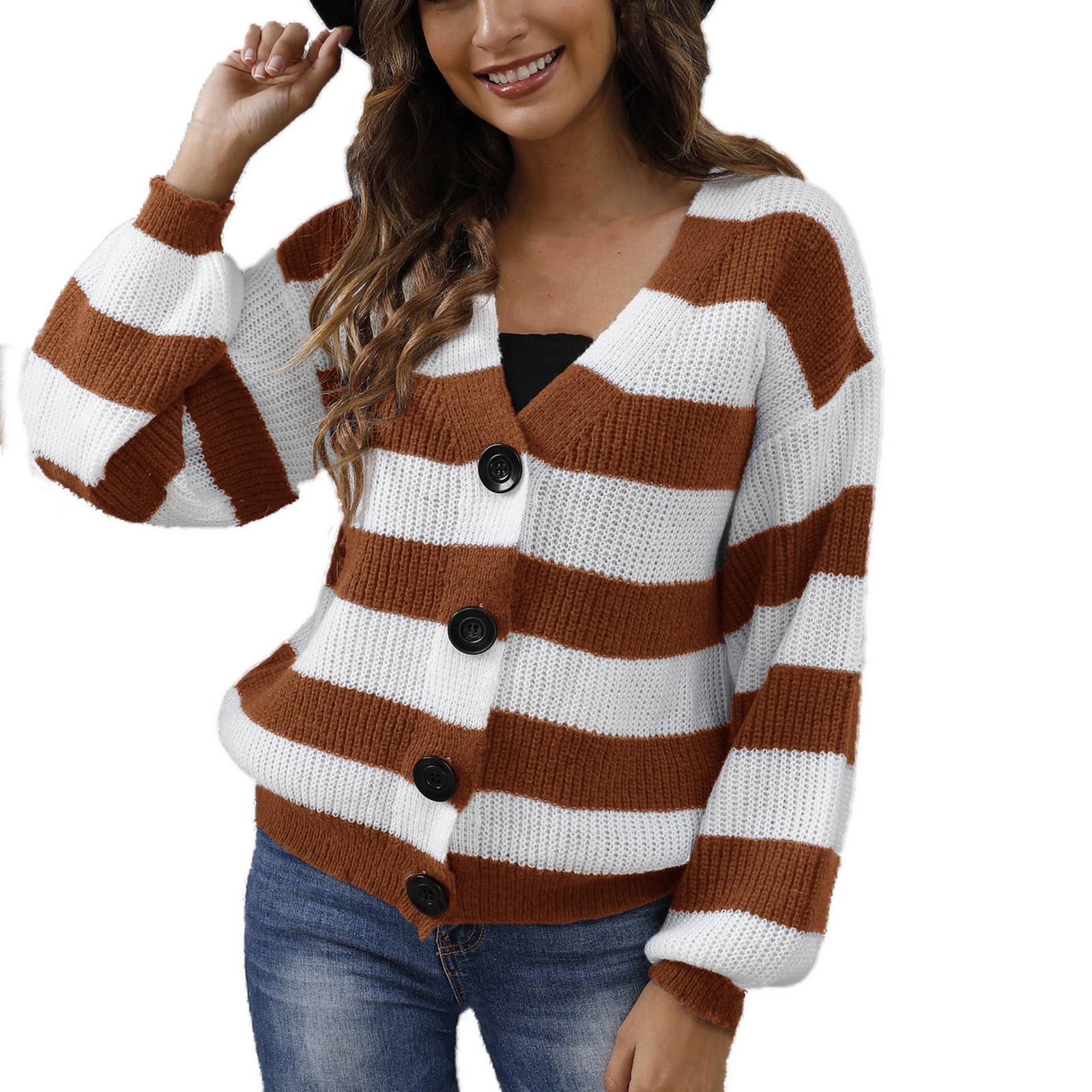 Женская повседневная модная удобная новая контрастная полосатая тканая куртка-свитер — фото 9