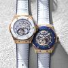 Angel Clover Time Craft Japan Made Ceramic Automatic Men's Watch TCJ45PBU-WH Skeleton Blue Dial Stainless Steel Leather Band 45mm 10ATM Mineral Glass