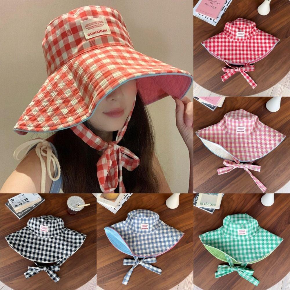New Korean Style Plaid Bucket Hat Adjustable Strap Versatile Fisherman Hat Double Sided Large Brim Sun Cap for Summer Travel