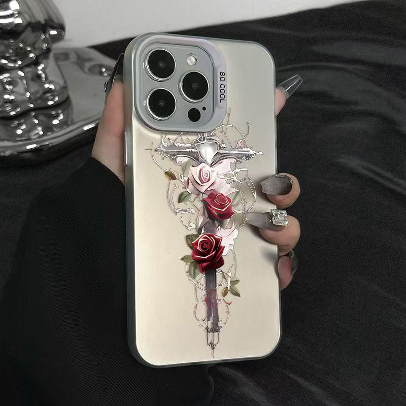 Carcasa de Concha de Plata de Ley Cross Rose para iPhone 17/16/15 Pro, 14 Pro Max, 13/12/11