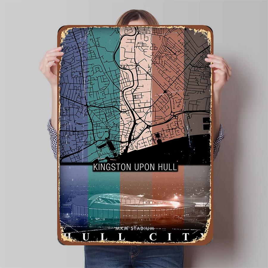

Hull City FC Metal Wall Art MKM Stadium Kingston Upon Hull Map Decor for Football Fans Home Decorations 20x30cm（7.8x11.8inch）