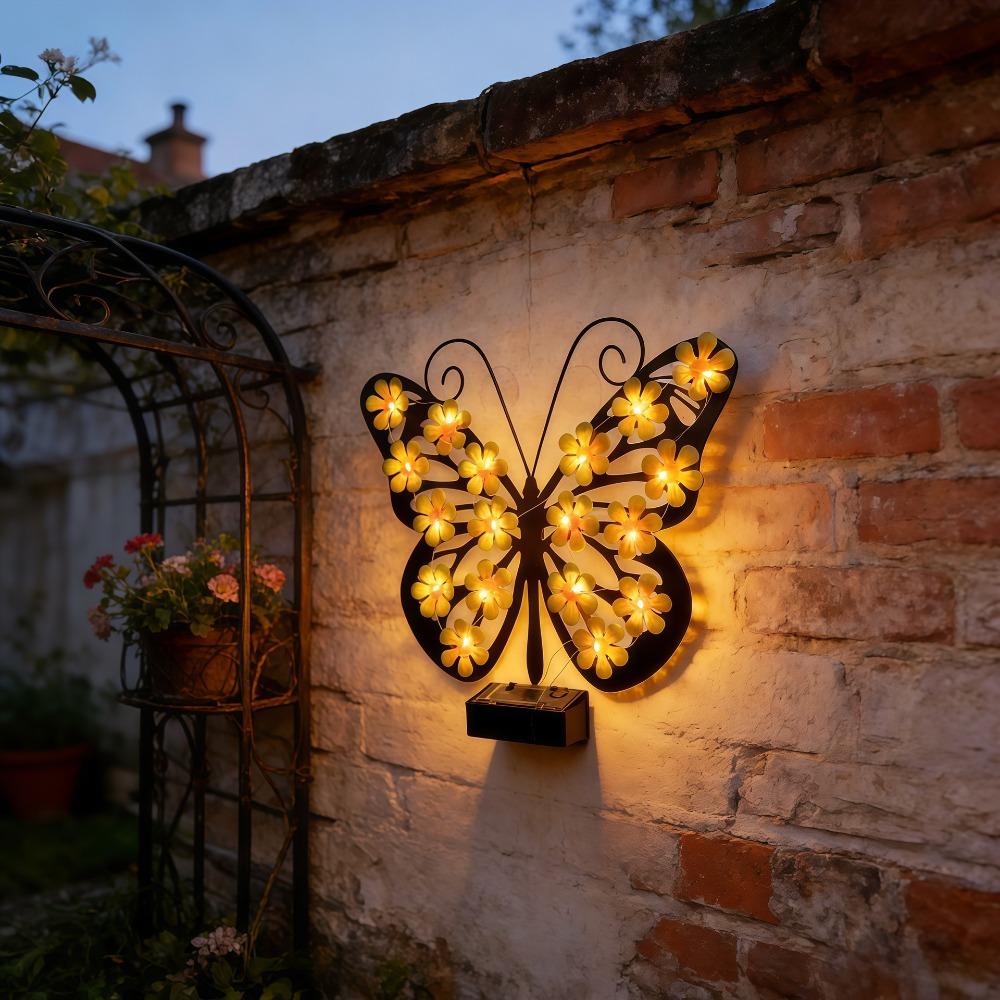 Zewnętrzna Lampa Ścienna Solarna z Dekoracją Motyla – Lampa Krajobrazowa do Ogrodu i Dziedzińca Willi / Lampka Ścienna Ambientowa