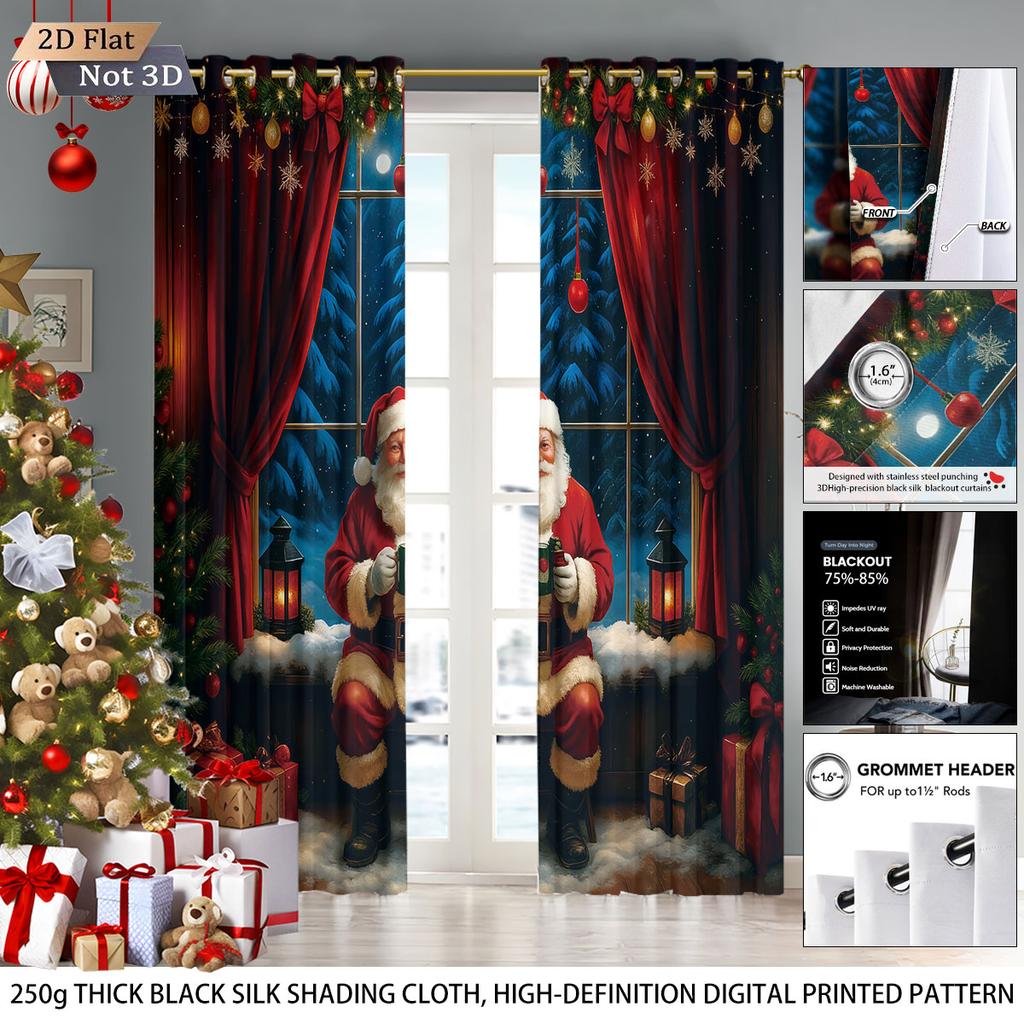 2pcs Merry Christmas   Santa Claus print   perforated blackout curtains   multi size living room insulation   holiday decoration