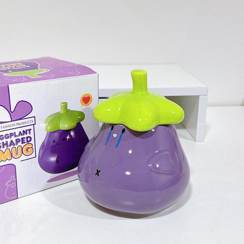 

Cute Funny Eggplant Big Belly Ceramic Coffee Mug With Lid Handle Cartoon Aubergine Porcelain Breakfast Cups For Milk Tea Water 401-500ml
