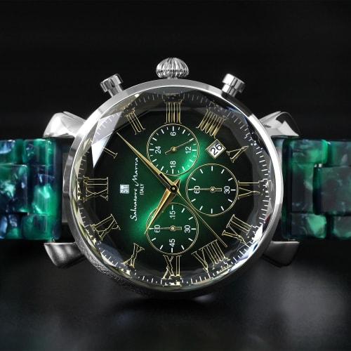 Salvatore Mara Watch Faceted Glass Chronograph Acetate Belt Gradient Men's Green Gold SM19104A-SSGRGD