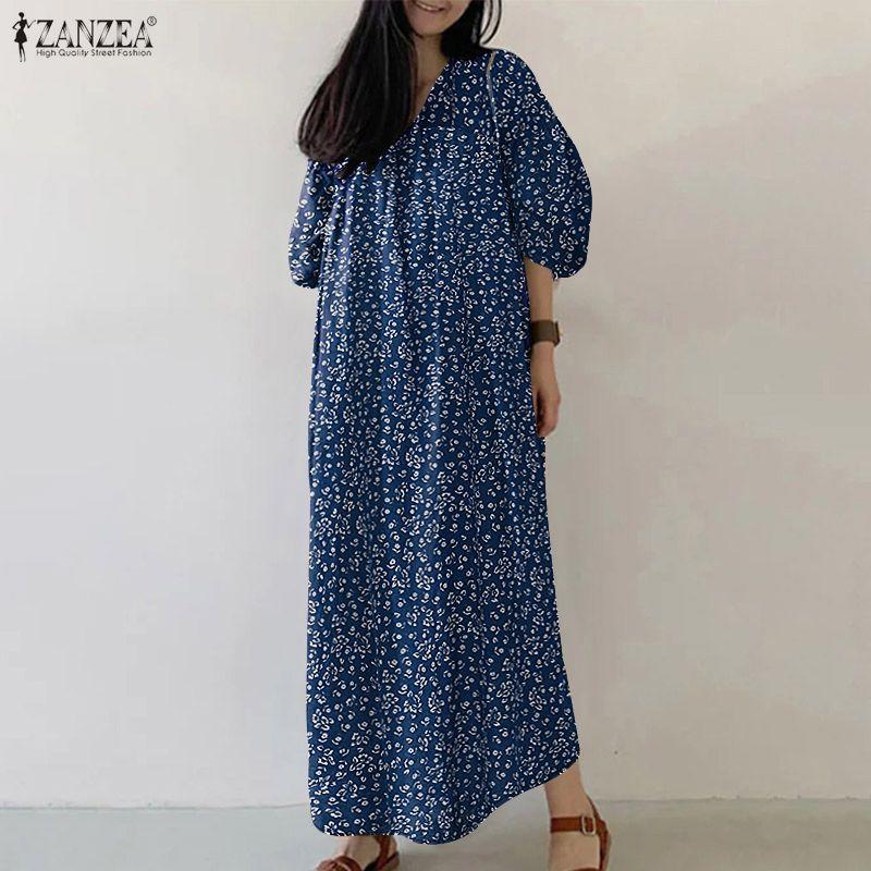 ZANZEA Abito lungo casual da donna con stampa floreale, scollo a V, manica a 3/4, vestibilità ampia