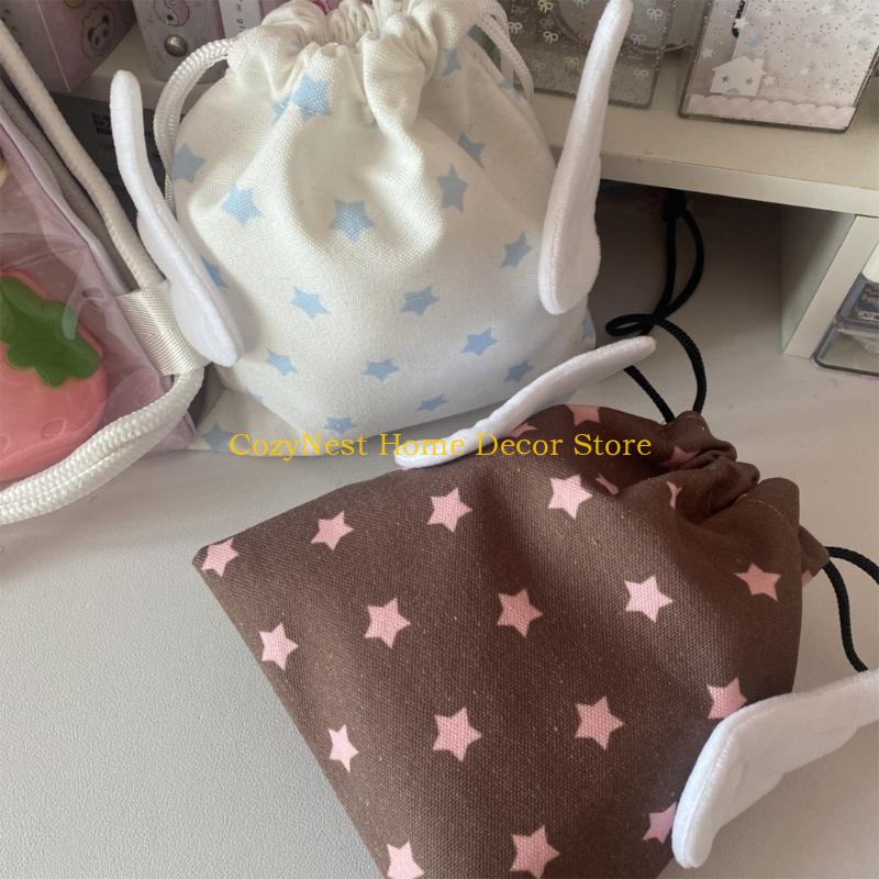 92MF Fabric Star Pattern Cosmetic Organizer Portable Dustproof Storage Pouch Portable Drawstring Canvas Bag for Everyday Use