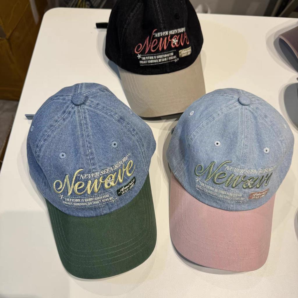 Korean soft-top, deep and wide brim denim color-block baseball cap for women, makes the face look smaller, sun protection and sunshade duckbill cap