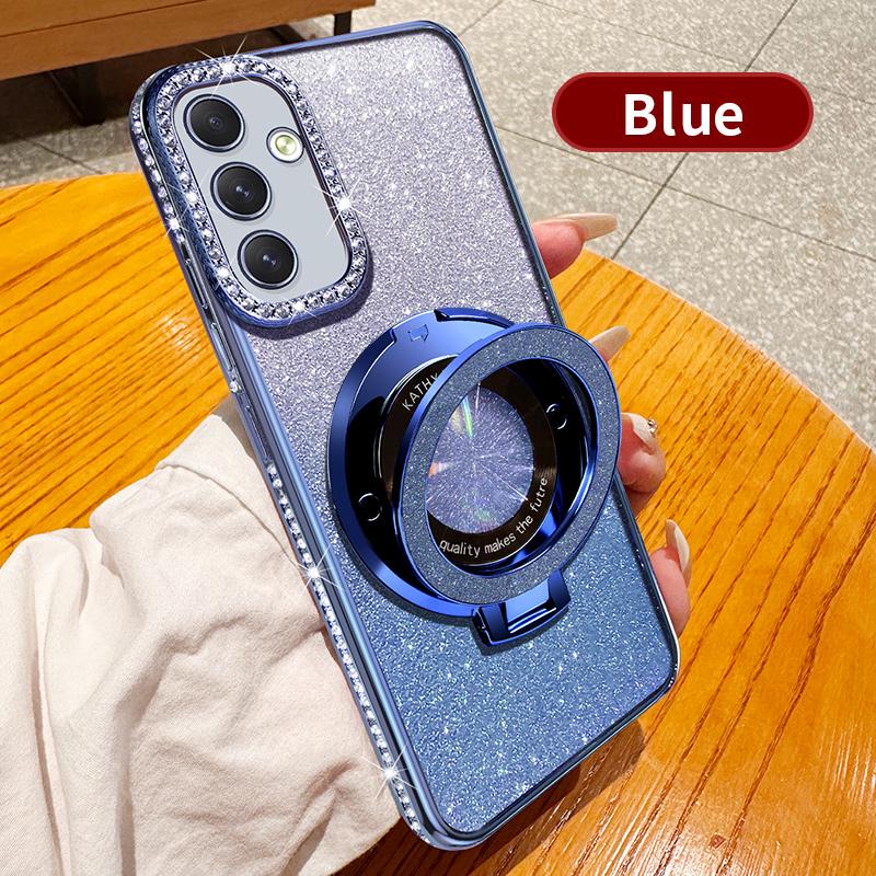 Diamond Glitter Plating For Magsafe Phone Holder Case For Samsung Galaxy A15 A14 A13 A55 A54 A53 A52 4G 5G Stand Silicone Cover