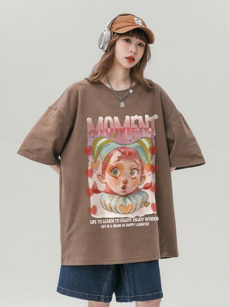 T-shirt Casual Unisex in Cotone Stile Giapponese Retrò, Vestibilità Larga, per Coppie Taglie Forti