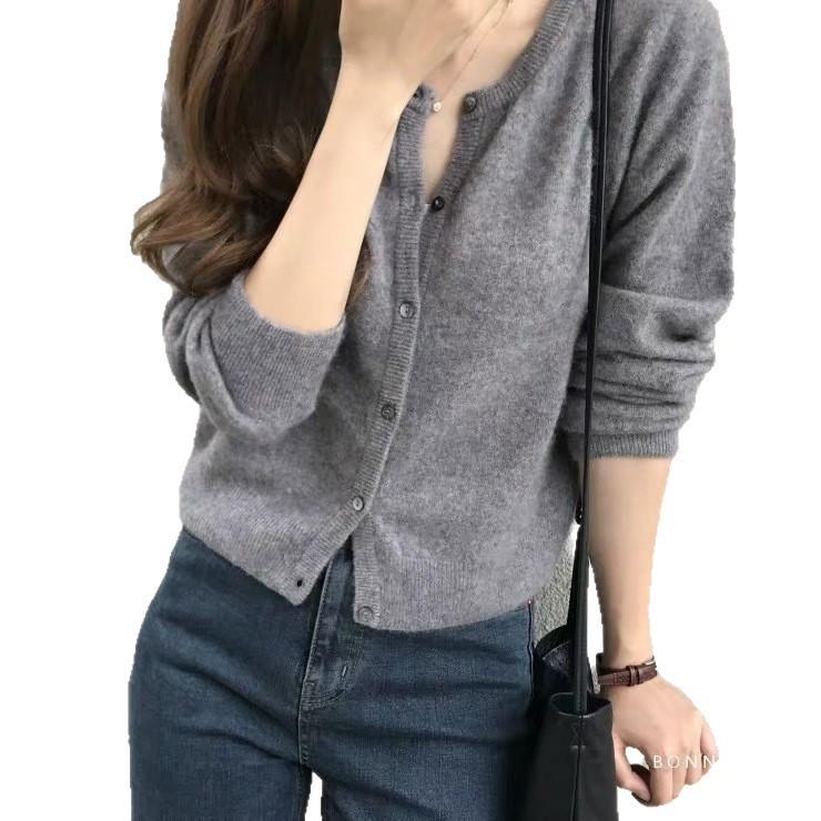 Korean Style Solid Color Round Neck Sweater Cardigan - Women's High-End, Versatile Knit Outerwear for Spring and Autumn
