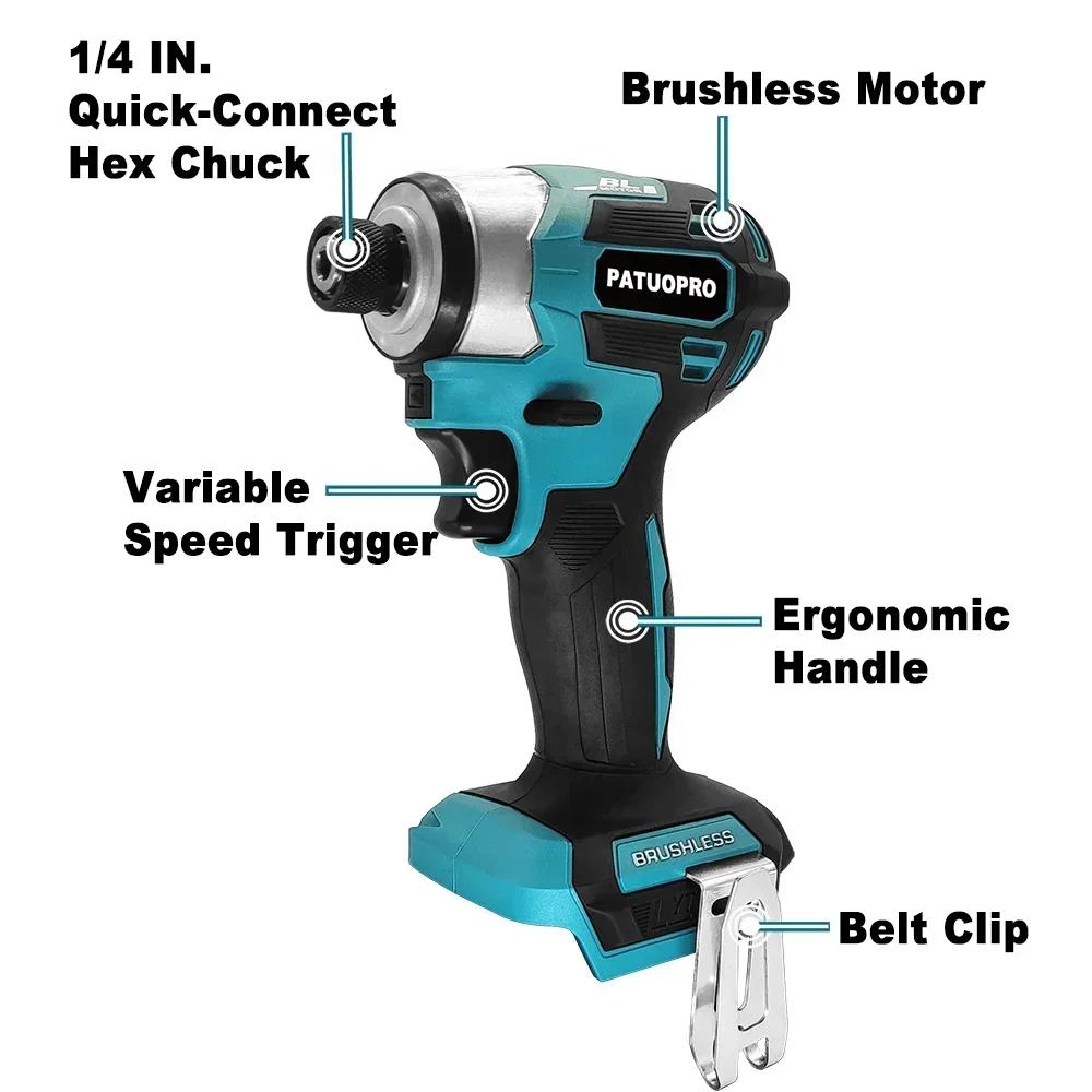 PATUOPRO 5-Speed Brushless Electric Screwdriver 1/4" Cordless Impact Screwdriver Drill Driver For Makita 18V Battery(No Battery)