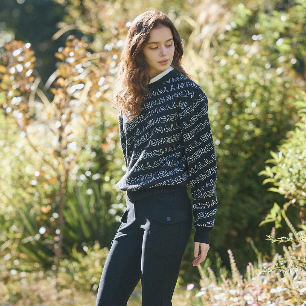 CHALLENGER Women'S Logo Jacquard Round Windproof Knit Pullover Black