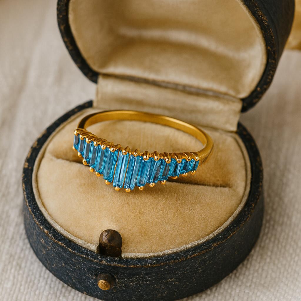 Wedding Engagement Anniversary Promise Gift – Vintage Teal Sapphire Baguette Engagement Ring, Yellow Gold Plated Art Deco Cluster Jewelry