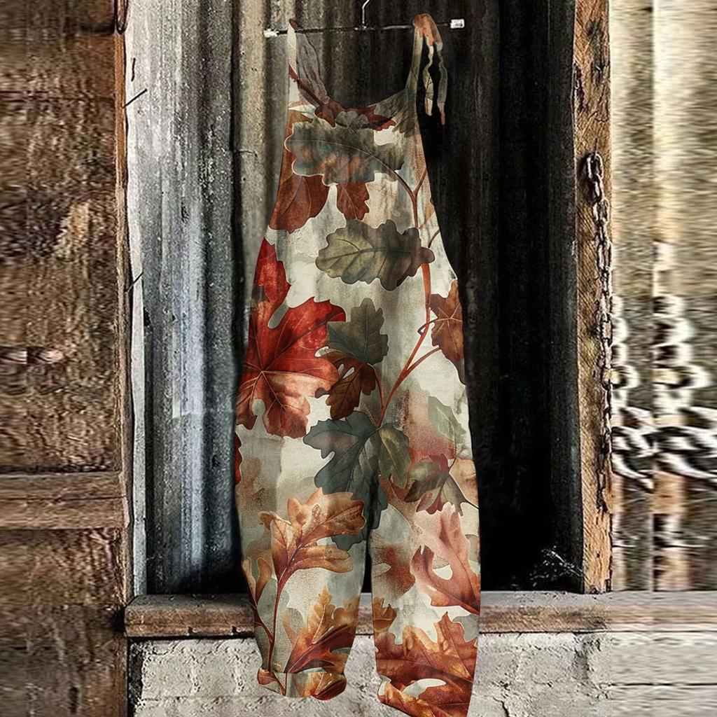 Women's Jumpsuit Floral Print Casual Loose Vintage Shoulder Strap Cotton Linen