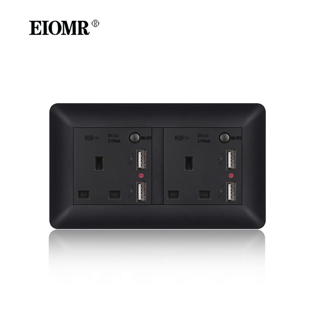 EIOMR 13A UK Standard Plug Power Wall Socket and Switch 250V, with USB Type-C Charger Port 5V 2.1A, Black PC Curved Frame Panel