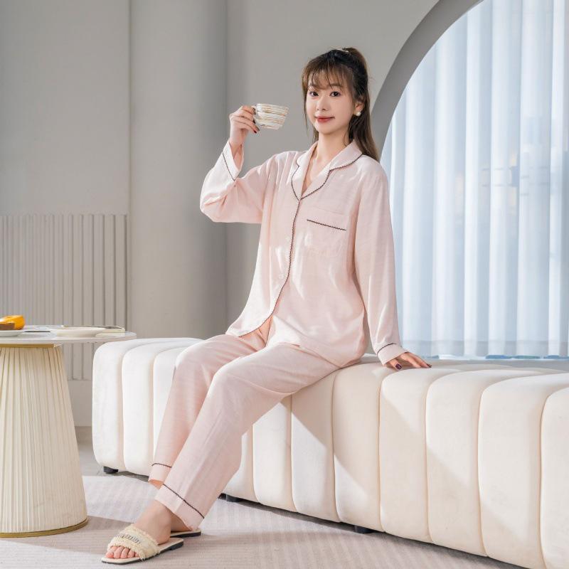 Mao Ma Sha Damen Pyjama-Set, Langarm, Lange Hose, Strickjacke, Große Größen, Revers-Design, Für Zuhause oder Draußen, Frühling/Herbst.