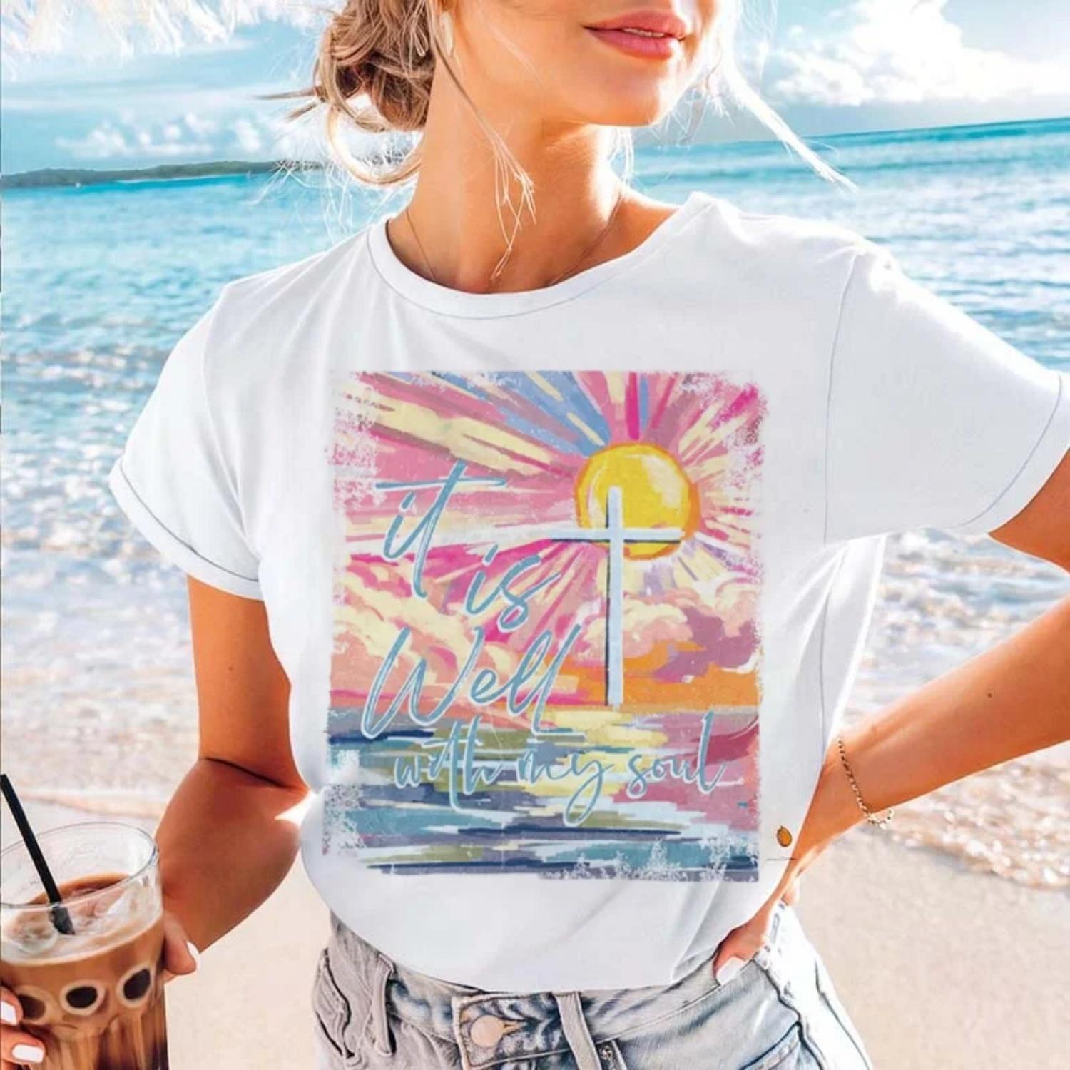 

Women s New Cartoon Style Beach View Printed Pattern T-Shirt Versatile Regular Summer Fashion Trend 90s Fun Travel T-Shirt XXXXXL
