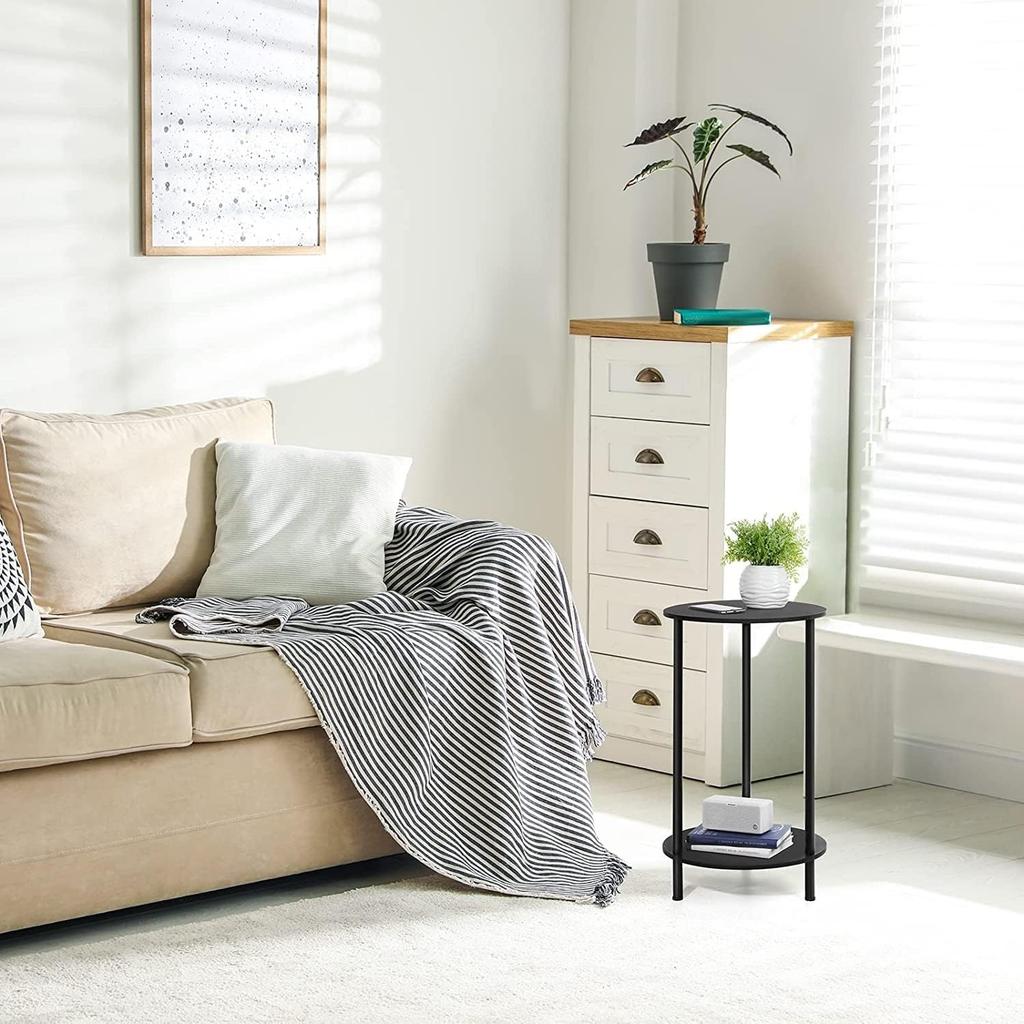 2-Tier Farmhouse Round End Tables (Set of 2) - Compact Storage Coffee/Night Stands for Small Spaces Bedroom/Living Room (Black)