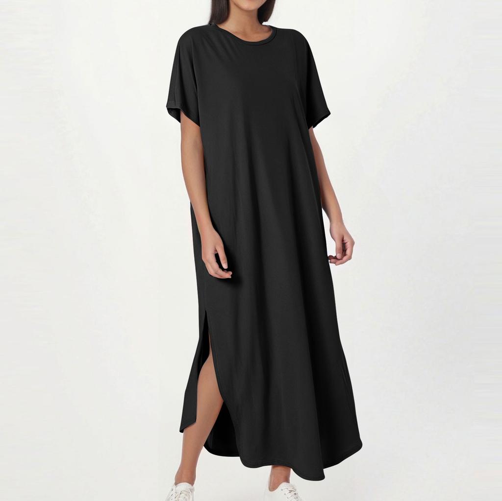 Women's Fashion Casual Loose Short Sleeve Round Tie Pocket Solid Color Maxi Dress