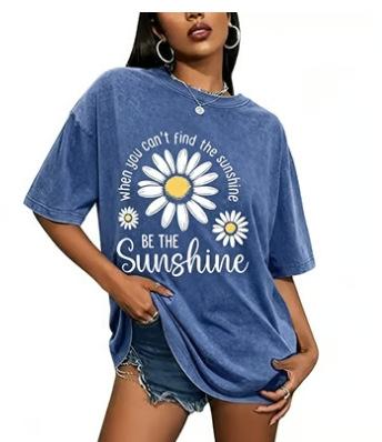 Women Summer Daisy Print T Shirt Crew Neck Loose Short Sleeve Casual Oversized Tee Tops 2026 New