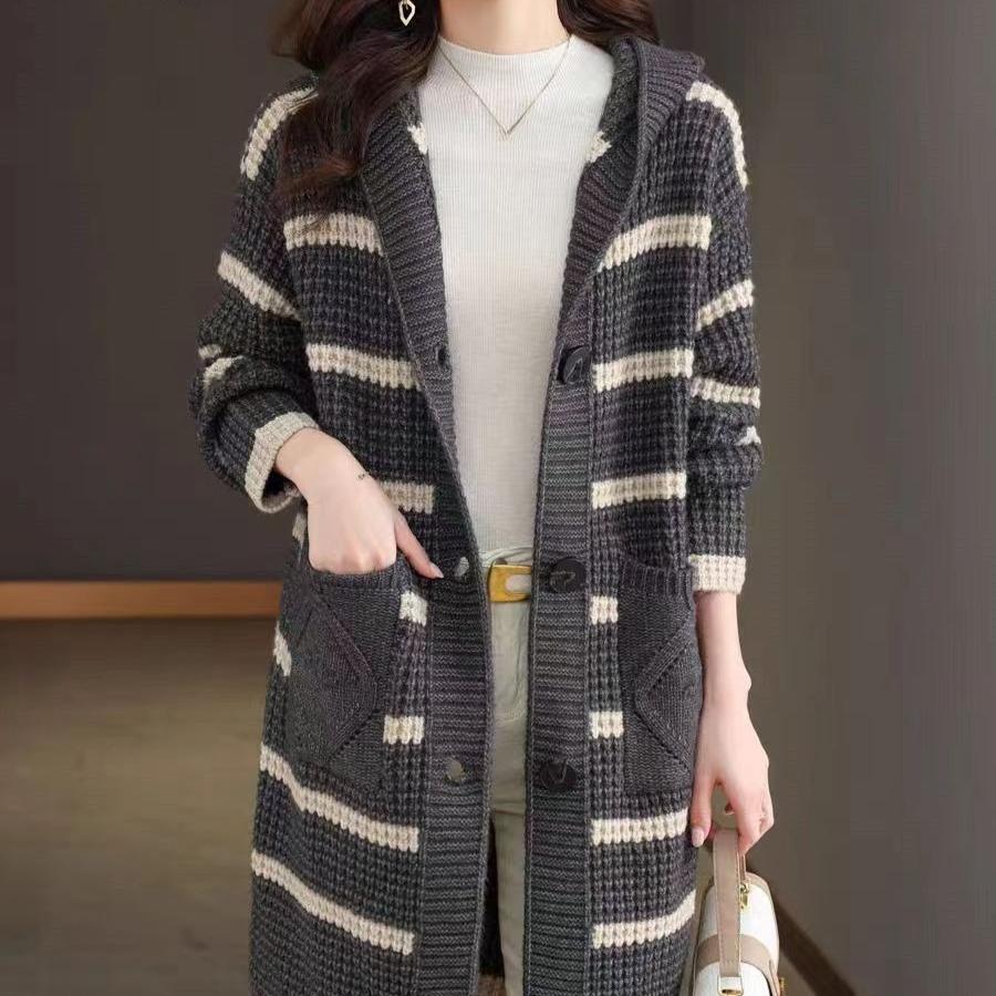 

Полосатый вязаный кардиган для женщин, свитер-пальто средней длины для весны, осени и зимы, худи-пальто L серый