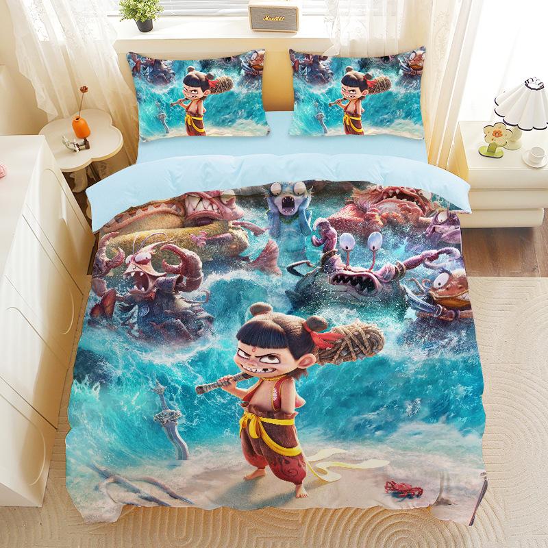Nezha 2 Movie Three-piece Set Cartoon Quilt Cover Pillowcase Shen Gongbao Aobing Quilt Cover Sanded Pillowcase Bedding